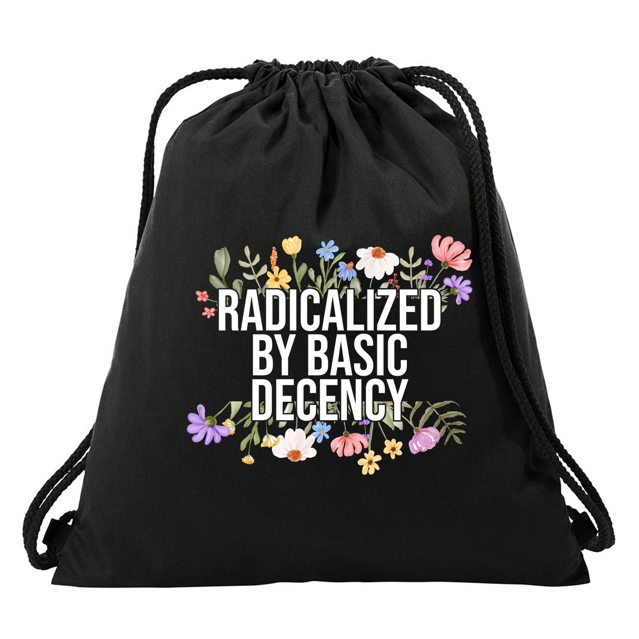 Funny Radicalized By Basic Decency Vintage Floral Drawstring Bag