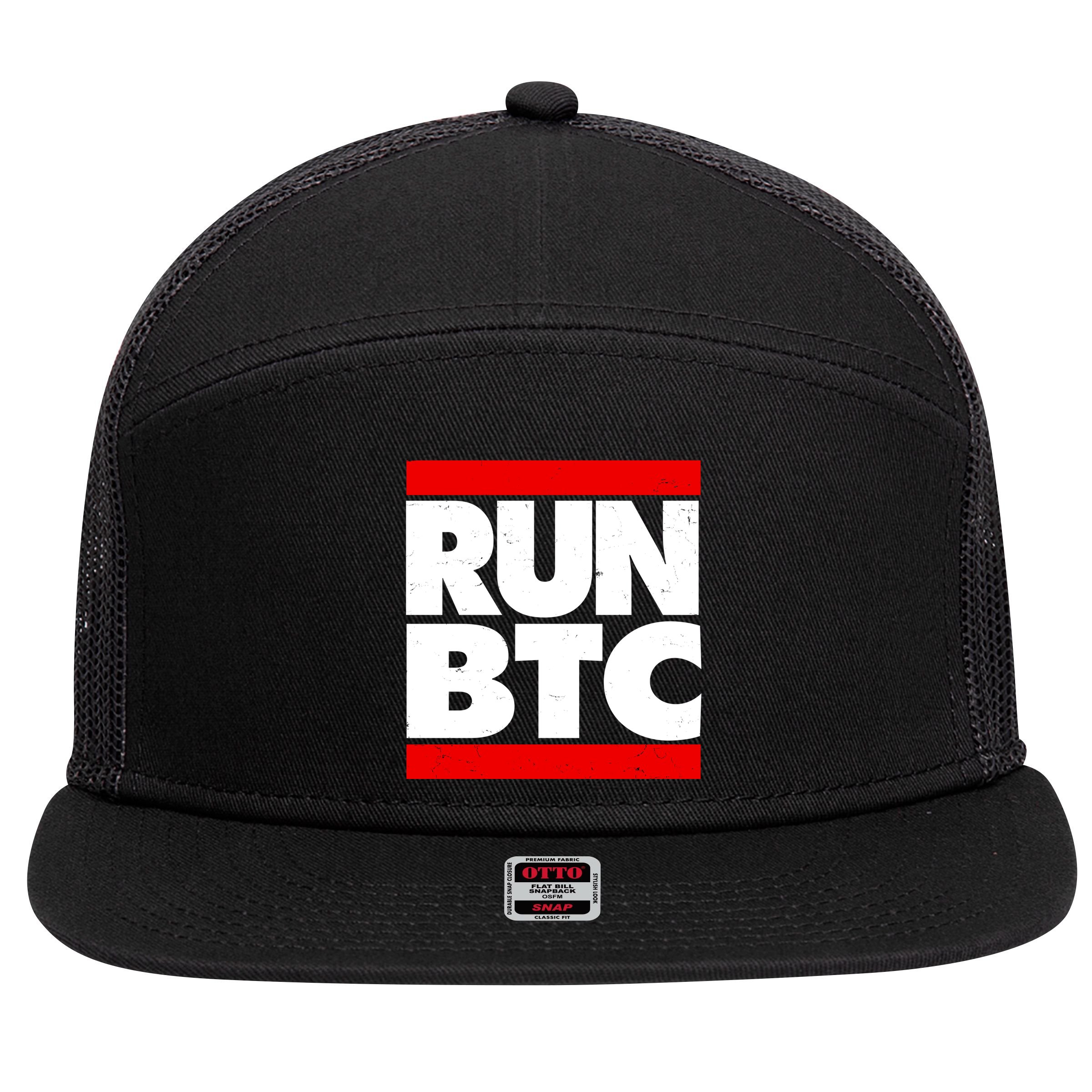 Funny Run BTC Bitcoin Logo 7 Panel Mesh Trucker Snapback Hat