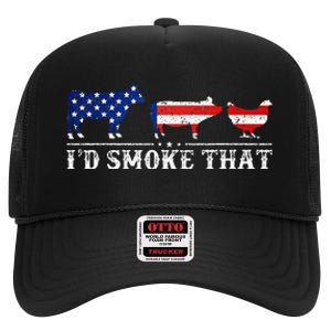 Funny Retro BBQ Party Grill Smoker Chef Dad I'd Smoke That High Crown Mesh Back Trucker Hat