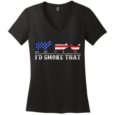 Funny Retro BBQ Party Grill Smoker Chef Dad I'd Smoke That Women's V-Neck T-Shirt
