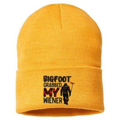 Funny Retro Big Foot Bigfoot Grabbed My Wiener Sustainable Knit Beanie