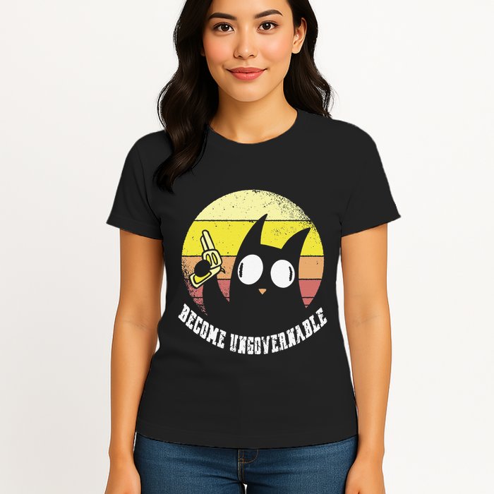 Funny Retro Black Cat Become Ungovernable Womens T-Shirt