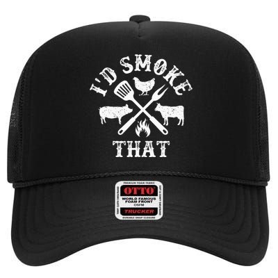 Funny Retro BBQ Party Smoker Chef Dad Gifts I'd Smoke That High Crown Mesh Back Trucker Hat