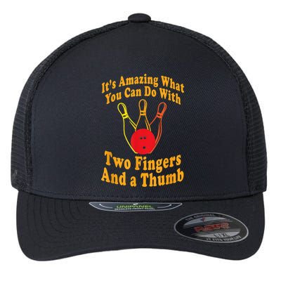 Funny Retro Bowling Ball Two Fingers And A Thumb Flexfit Unipanel Trucker Cap