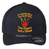 Funny Retro Bowling Ball Two Fingers And A Thumb Flexfit Unipanel Trucker Cap