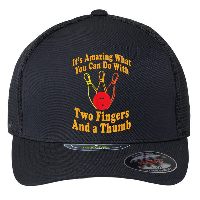 Funny Retro Bowling Ball Two Fingers And A Thumb Flexfit Unipanel Trucker Cap