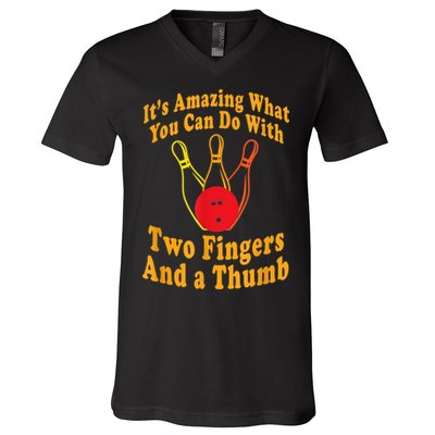 Funny Retro Bowling Ball Two Fingers And A Thumb V-Neck T-Shirt