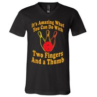 Funny Retro Bowling Ball Two Fingers And A Thumb V-Neck T-Shirt