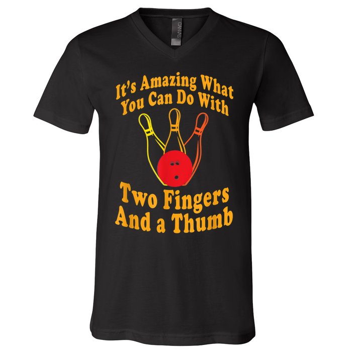 Funny Retro Bowling Ball Two Fingers And A Thumb V-Neck T-Shirt