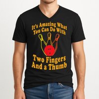 Funny Retro Bowling Ball Two Fingers And A Thumb V-Neck T-Shirt