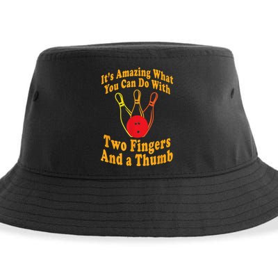 Funny Retro Bowling Ball Two Fingers And A Thumb Sustainable Bucket Hat