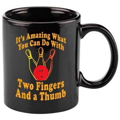 Funny Retro Bowling Ball Two Fingers And A Thumb 11oz C Handle Ceramic Mug