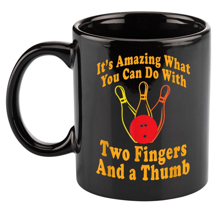 Funny Retro Bowling Ball Two Fingers And A Thumb 11oz C Handle Ceramic Mug