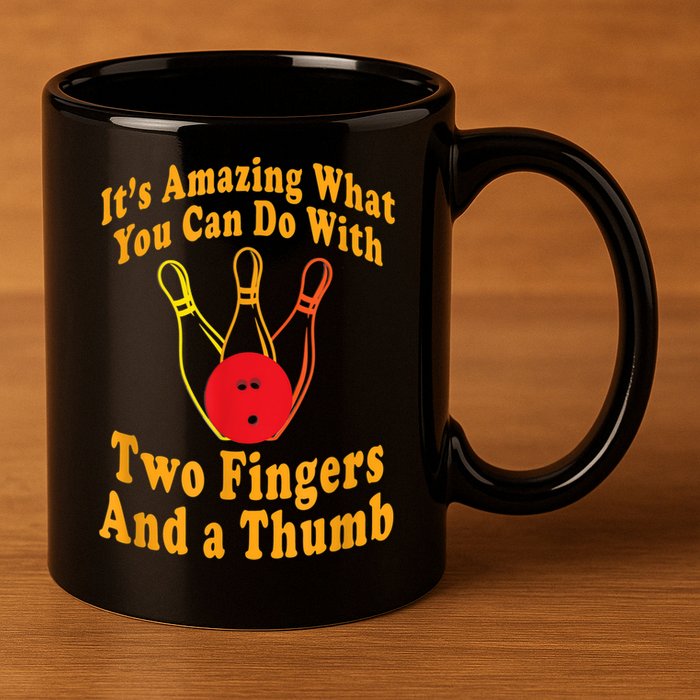 Funny Retro Bowling Ball Two Fingers And A Thumb 11oz C Handle Ceramic Mug