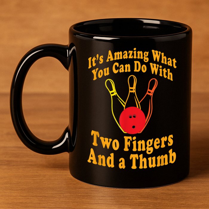 Funny Retro Bowling Ball Two Fingers And A Thumb 11oz C Handle Ceramic Mug