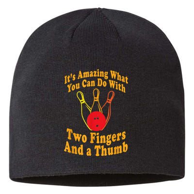 Funny Retro Bowling Ball Two Fingers And A Thumb Sustainable Beanie