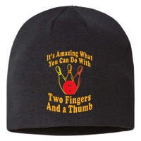 Funny Retro Bowling Ball Two Fingers And A Thumb Sustainable Beanie