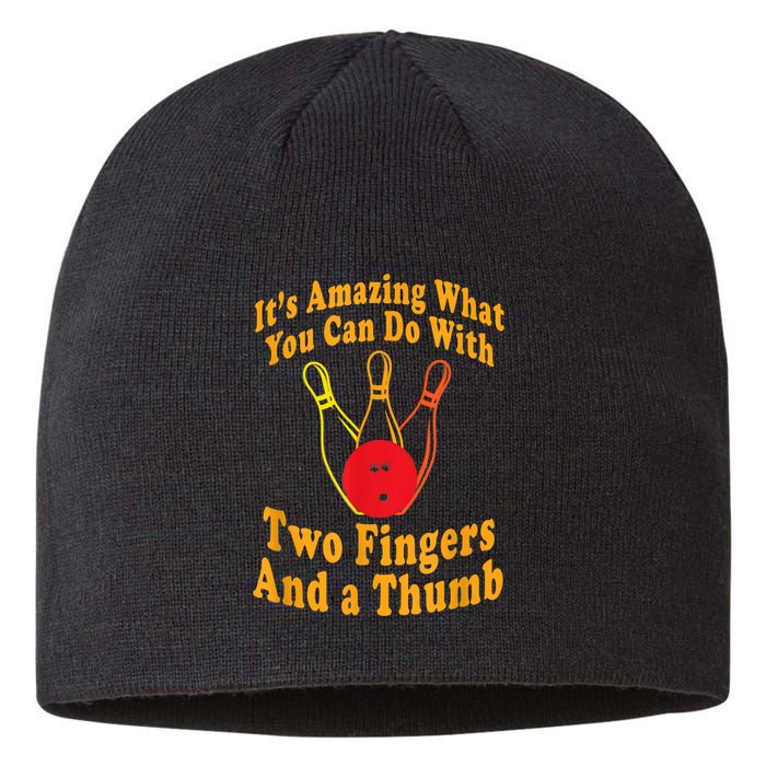 Funny Retro Bowling Ball Two Fingers And A Thumb Sustainable Beanie