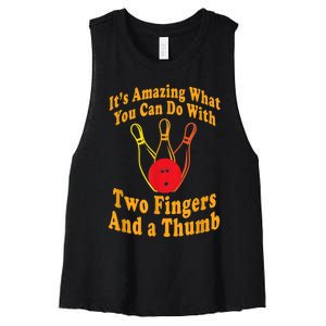 Funny Retro Bowling Ball Two Fingers And A Thumb Women's Racerback Cropped Tank