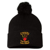 Funny Retro Bowling Ball Two Fingers And A Thumb Pom Pom 12in Knit Beanie