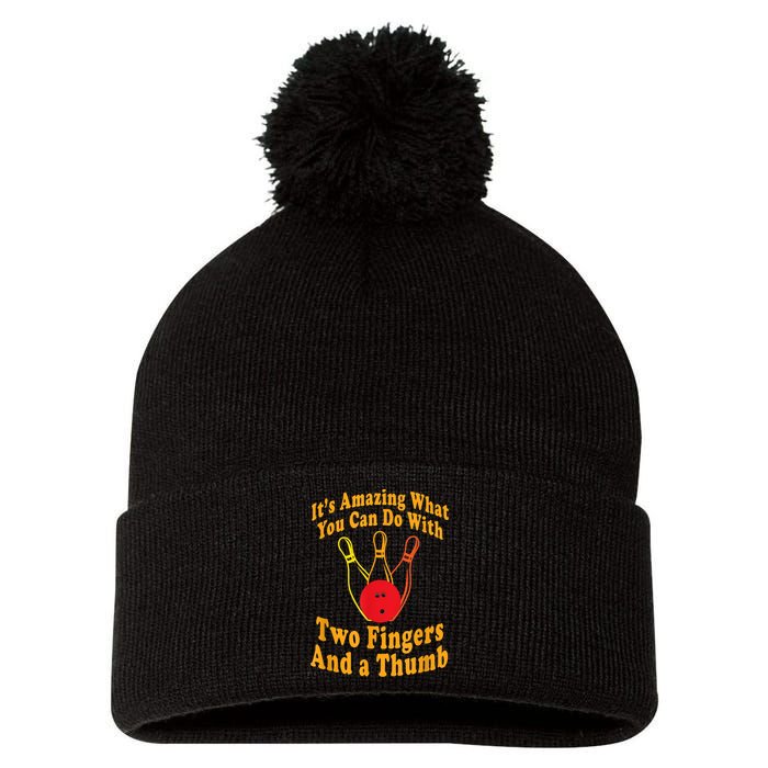 Funny Retro Bowling Ball Two Fingers And A Thumb Pom Pom 12in Knit Beanie