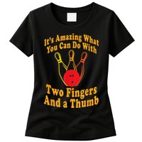 Funny Retro Bowling Ball Two Fingers And A Thumb Womens T-Shirt