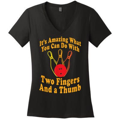 Funny Retro Bowling Ball Two Fingers And A Thumb Women's V-Neck T-Shirt