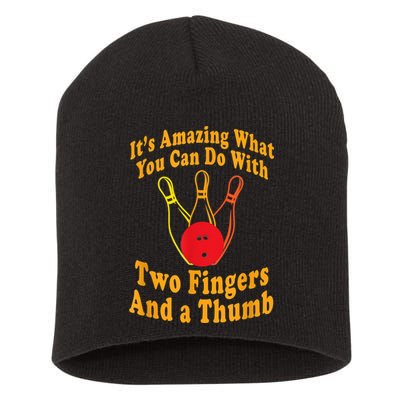 Funny Retro Bowling Ball Two Fingers And A Thumb Short Acrylic Beanie