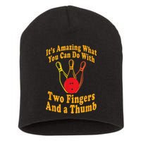 Funny Retro Bowling Ball Two Fingers And A Thumb Short Acrylic Beanie