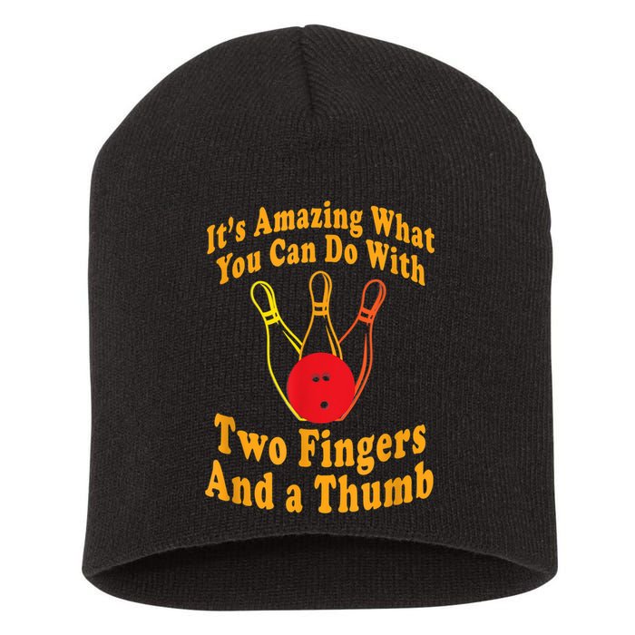 Funny Retro Bowling Ball Two Fingers And A Thumb Short Acrylic Beanie