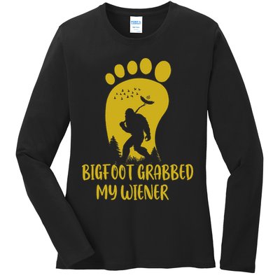 Funny Retro Bigfoot Bigfoot Grabbed My Wiener Design Ladies Long Sleeve Shirt