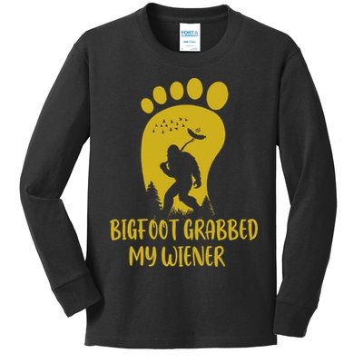 Funny Retro Bigfoot Bigfoot Grabbed My Wiener Design Kids Long Sleeve Shirt