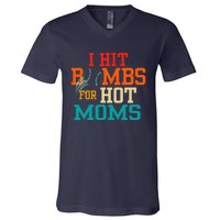 Funny Retro Baseball I Hit Bombs For Hot Moms V-Neck T-Shirt