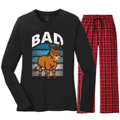 Funny Retro Bad Ass Angry Donkey Women's Long Sleeve Flannel Pajama Set 