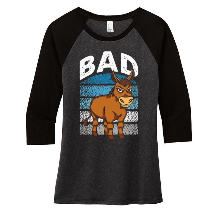 Funny Retro Bad Ass Angry Donkey Women's Tri-Blend 3/4-Sleeve Raglan Shirt