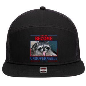 Funny Raccoon Become Ungovernable 7 Panel Mesh Trucker Snapback Hat