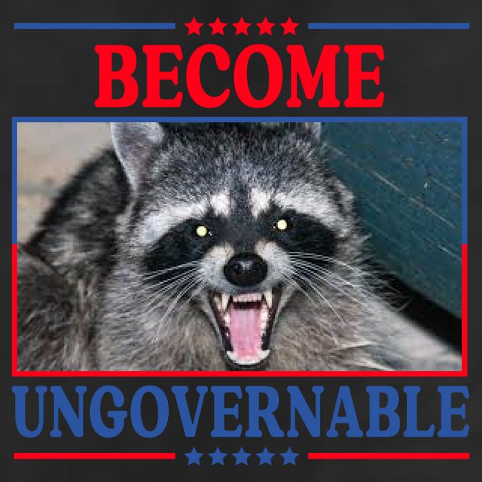 Funny Raccoon Become Ungovernable 7 Panel Mesh Trucker Snapback Hat
