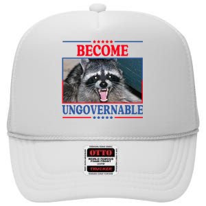 Funny Raccoon Become Ungovernable High Crown Mesh Back Trucker Hat