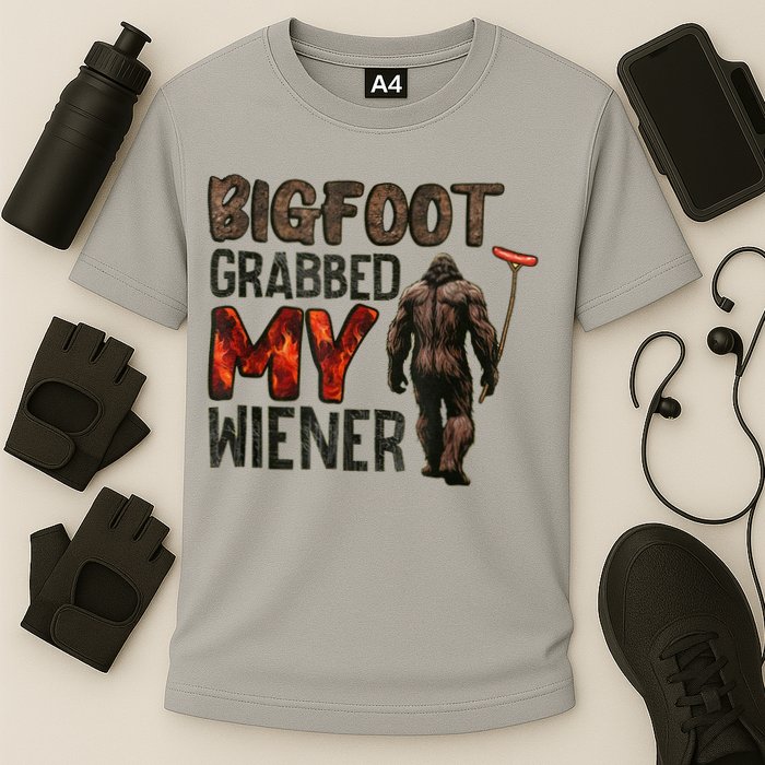 Funny Retro Bigfoot Bigfoot Grabbed My Wiener Design Cooling Performance Crew T-Shirt