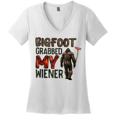Funny Retro Bigfoot Bigfoot Grabbed My Wiener Design Women's V-Neck T-Shirt