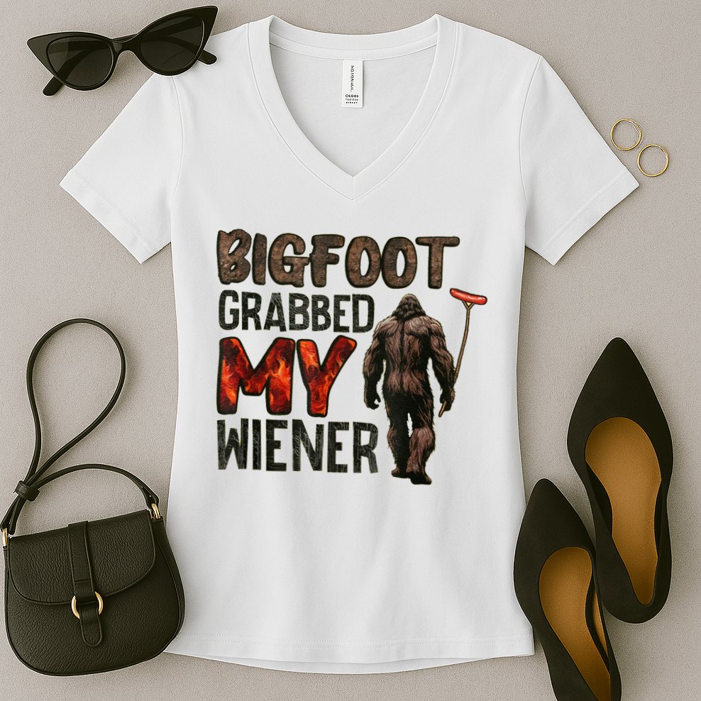 Funny Retro Bigfoot Bigfoot Grabbed My Wiener Design Women's V-Neck T-Shirt