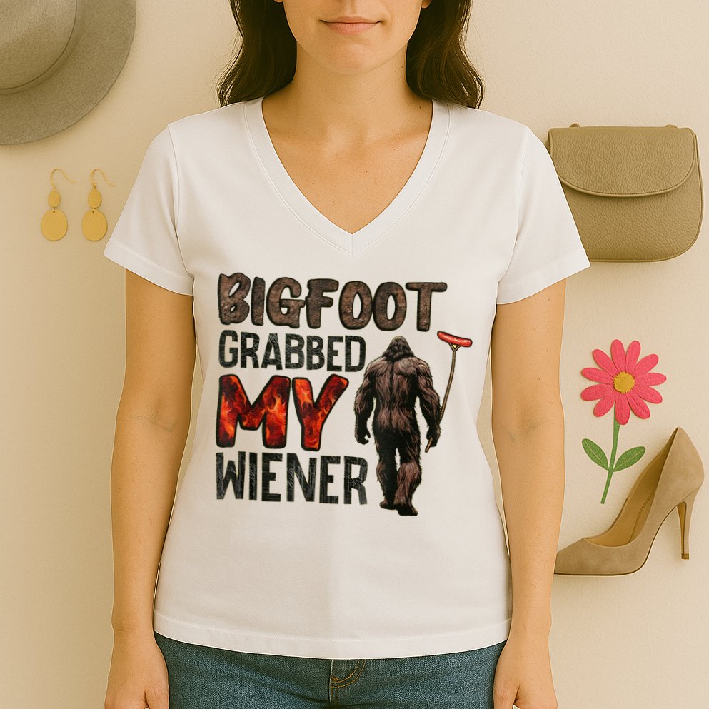 Funny Retro Bigfoot Bigfoot Grabbed My Wiener Design Women's V-Neck T-Shirt