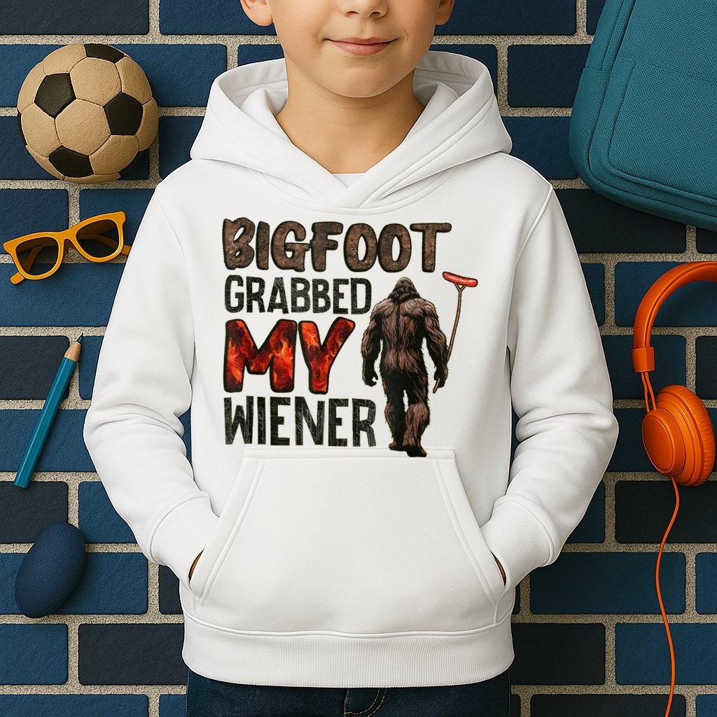 Funny Retro Bigfoot Bigfoot Grabbed My Wiener Design Kids Hoodie