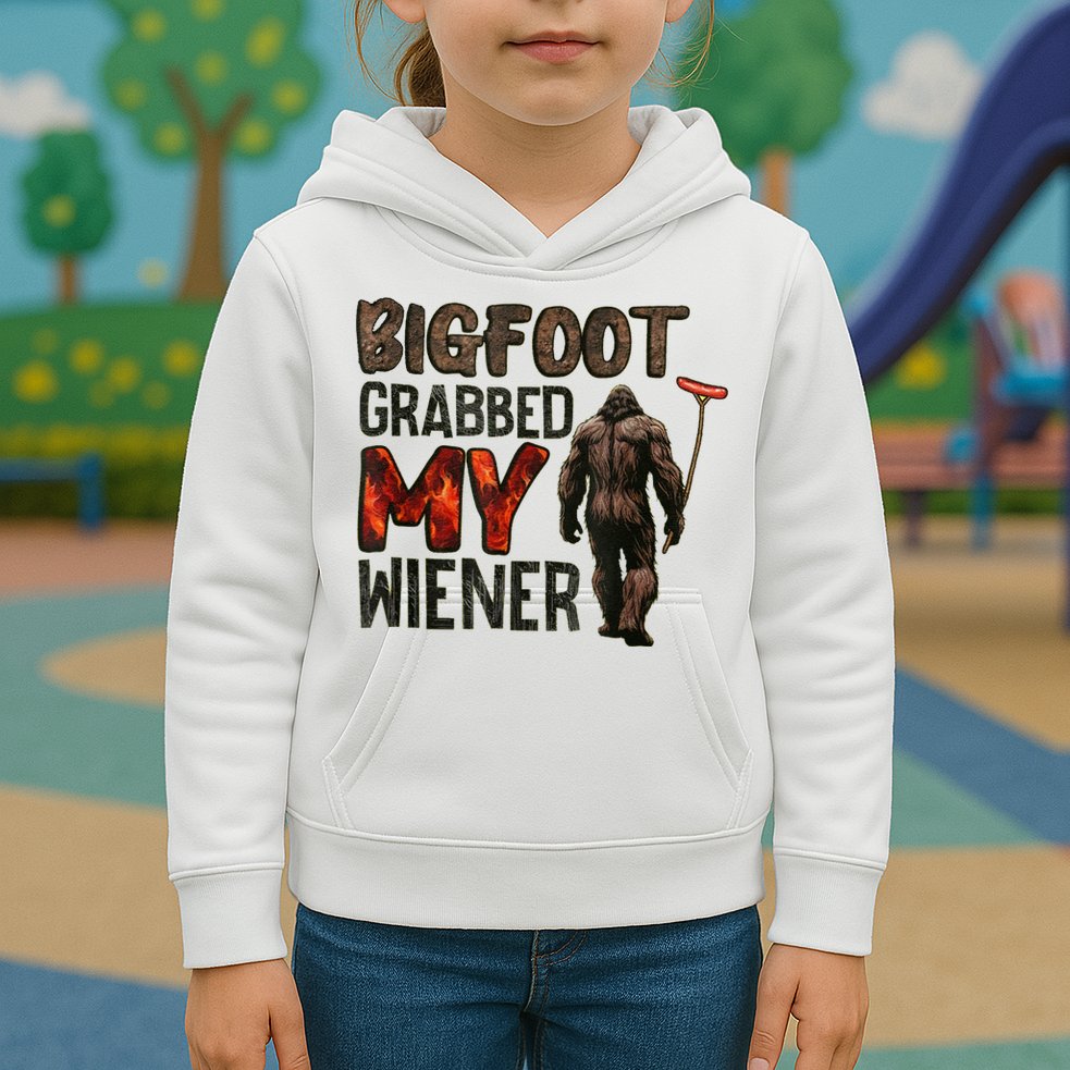 Funny Retro Bigfoot Bigfoot Grabbed My Wiener Design Kids Hoodie