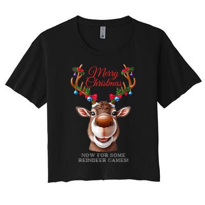 Festive Reindeer Christmas – Holiday Design Zip Hoodie Women's Crop Top Tee