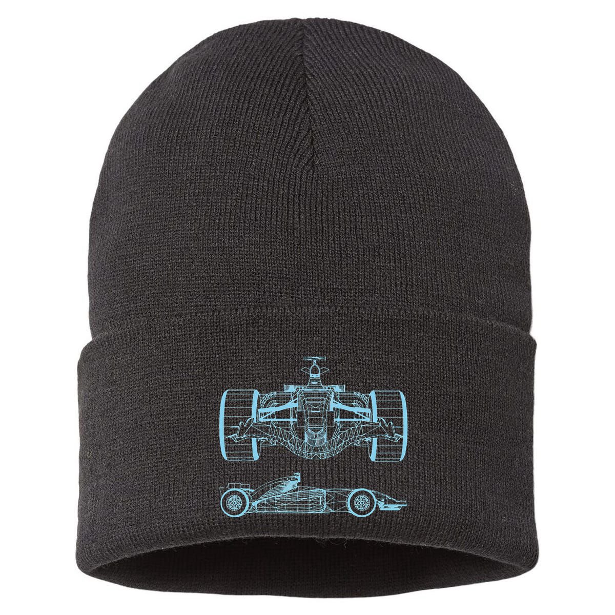 Formula Racing Car Silhouette Mechanical Engineering draw Sustainable Knit Beanie