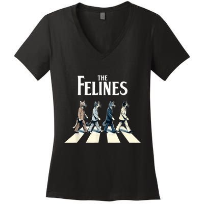 Felines Retro Cat Rock Music Gift Funny Cat Women's V-Neck T-Shirt