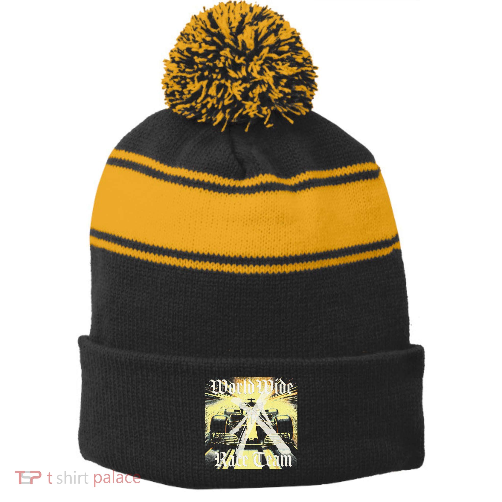 Formula Race Car Single Seat Fast Circuit Bahrain 1 Champion Stripe Pom Pom Beanie