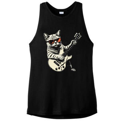 Funny Rock Cat Playing Guitar Rock Kitty Ladies PosiCharge Tri-Blend Wicking Tank