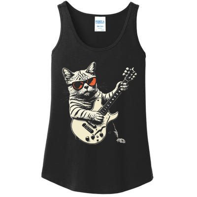 Funny Rock Cat Playing Guitar Rock Kitty Ladies Essential Tank